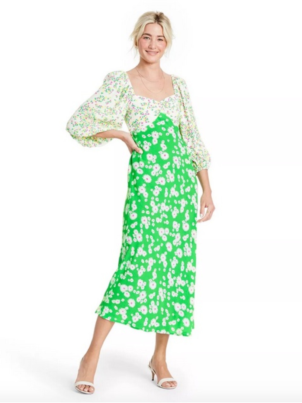 RIXO Green and White Floral Maxi Dress with Puff Sleeves